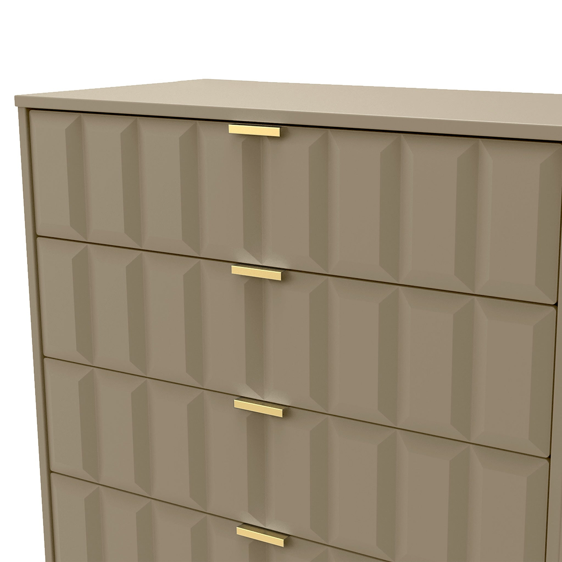 A beige dresser with geometric patterning and gold handles, standing motionless, isolated against a neutral background.