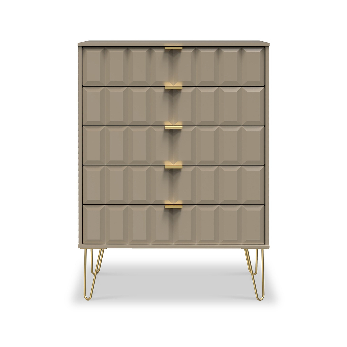 Harlow Taupe 5 Drawer Chest with Gold Hairpin Legs
