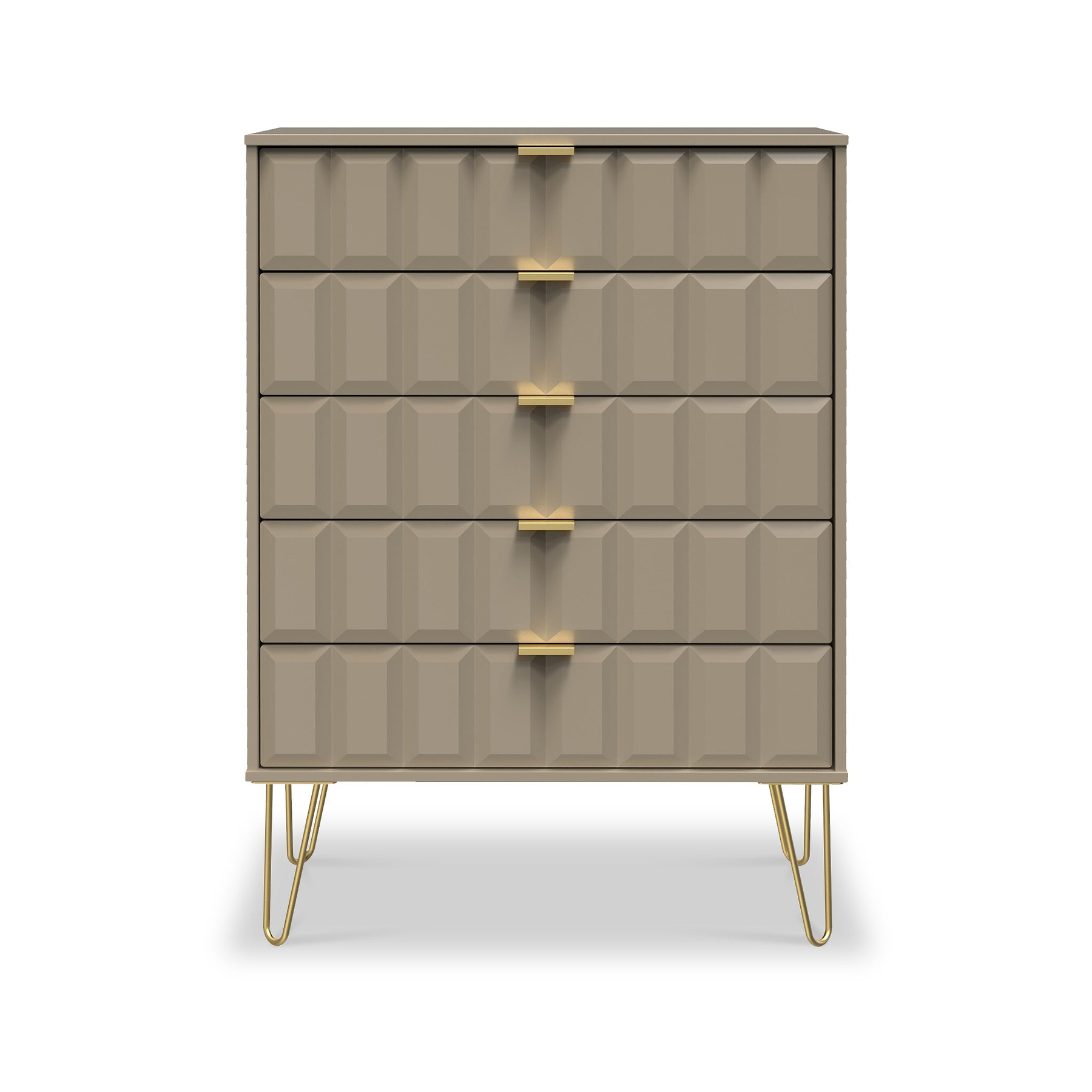 Harlow Taupe 5 Drawer Chest with Gold Hairpin Legs