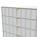 A white chest of drawers with a geometric façade and gold handles, isolated against a plain background.