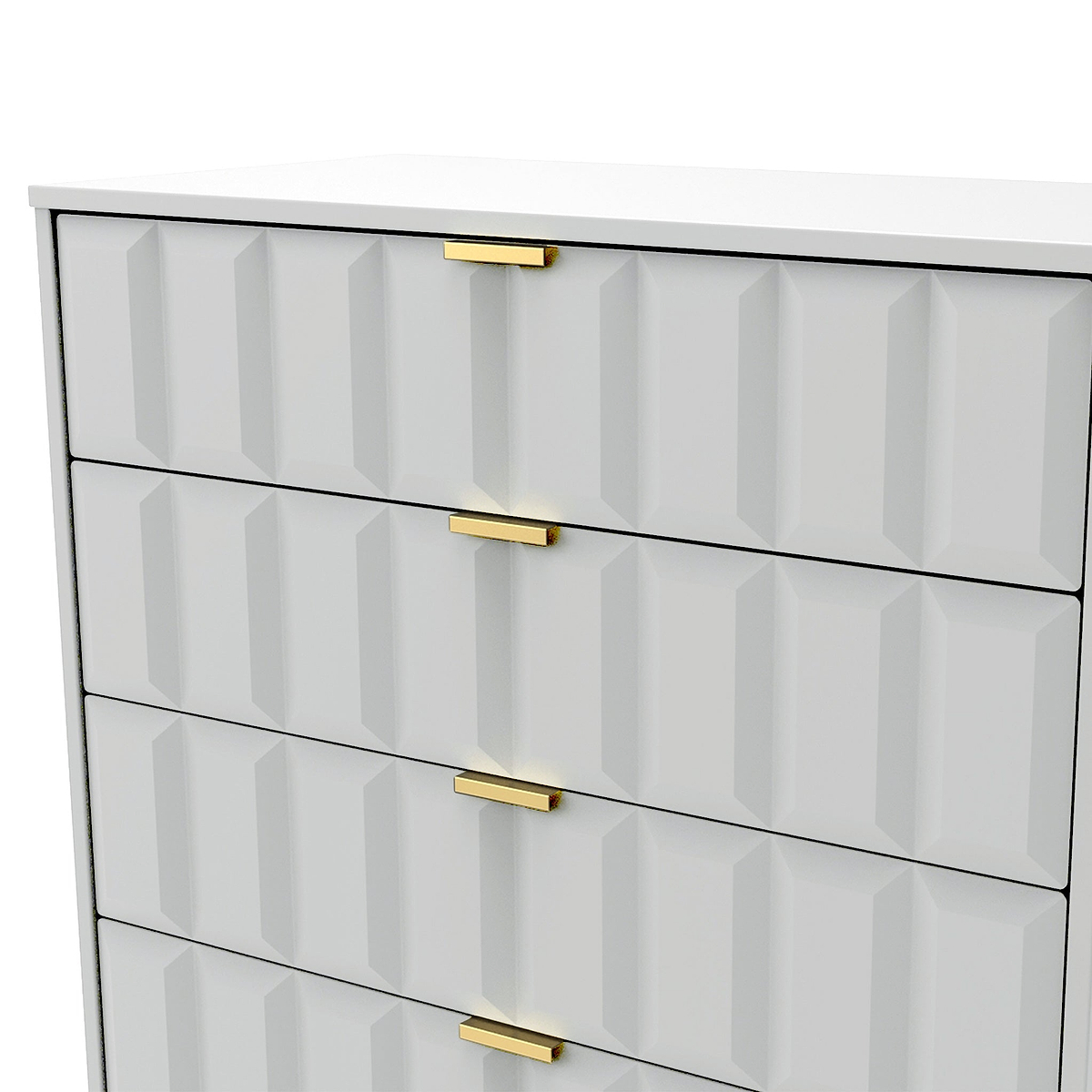 A white chest of drawers with a geometric façade and gold handles, isolated against a plain background.