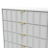 A white chest of drawers with a geometric façade and gold handles, isolated against a plain background.