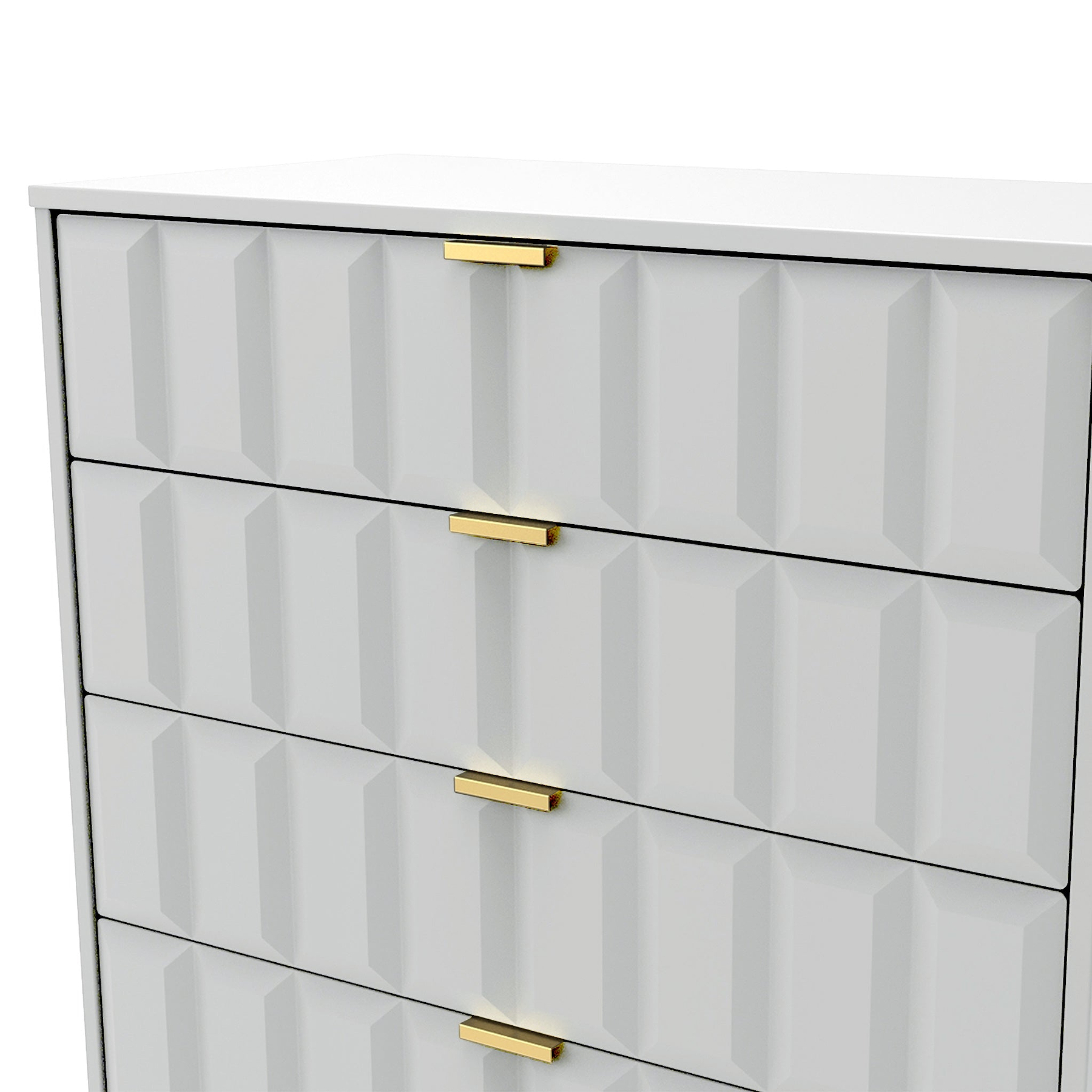 A white chest of drawers with a geometric façade and gold handles, isolated against a plain background.