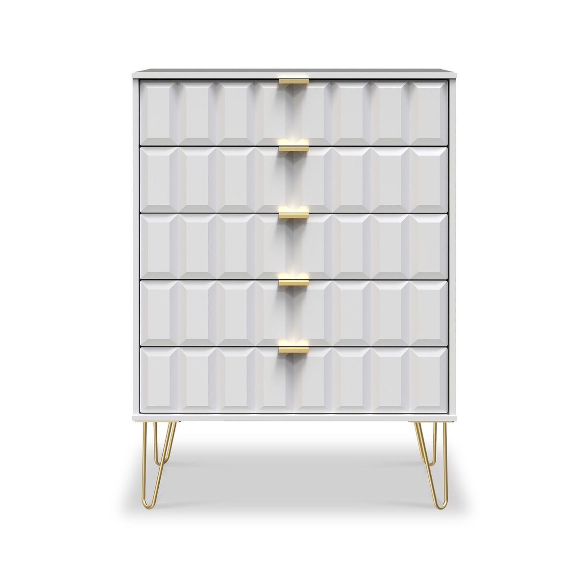 Harlow White 5 Drawer Chest with Gold Hairpin Legs