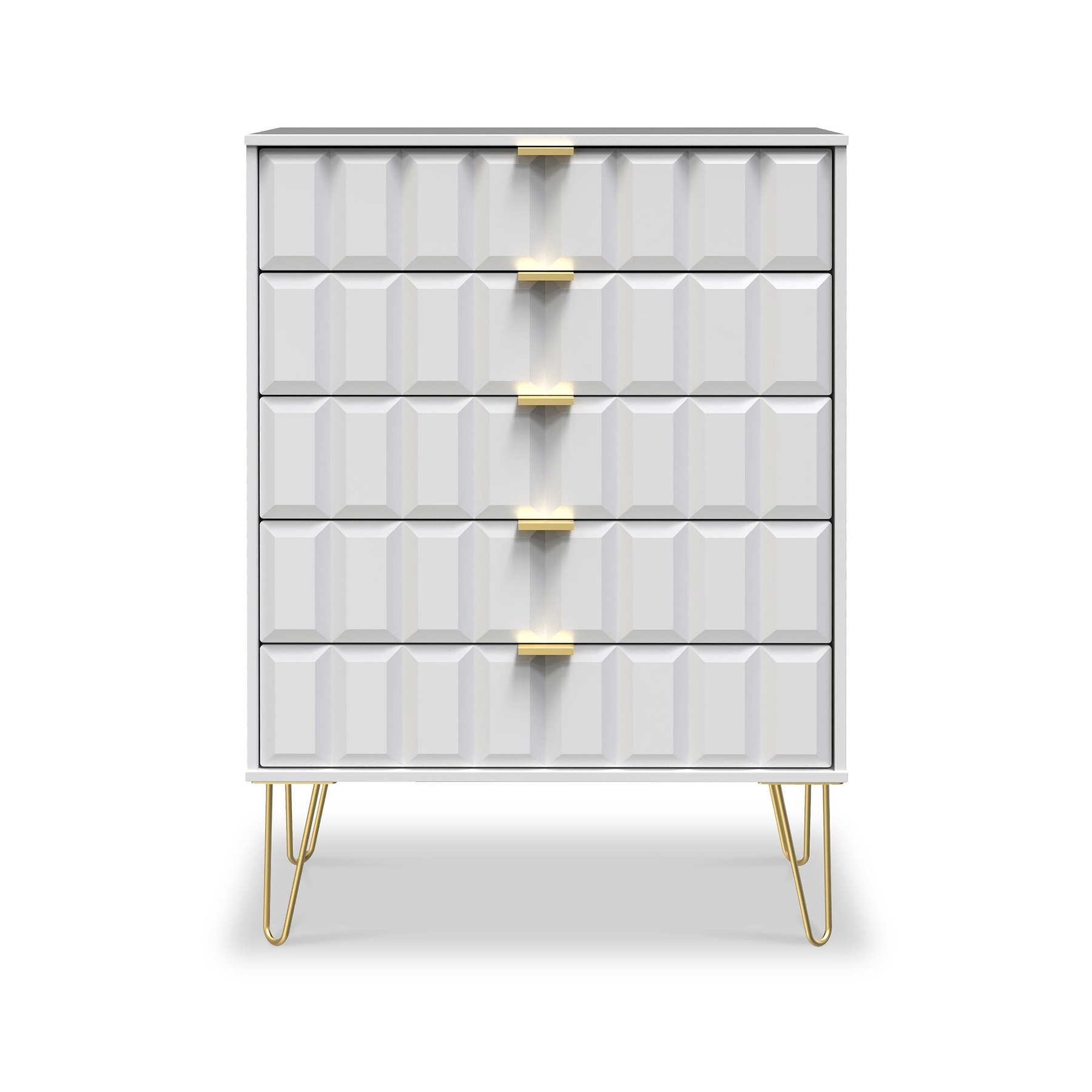 Harlow White 5 Drawer Chest with Gold Hairpin Legs
