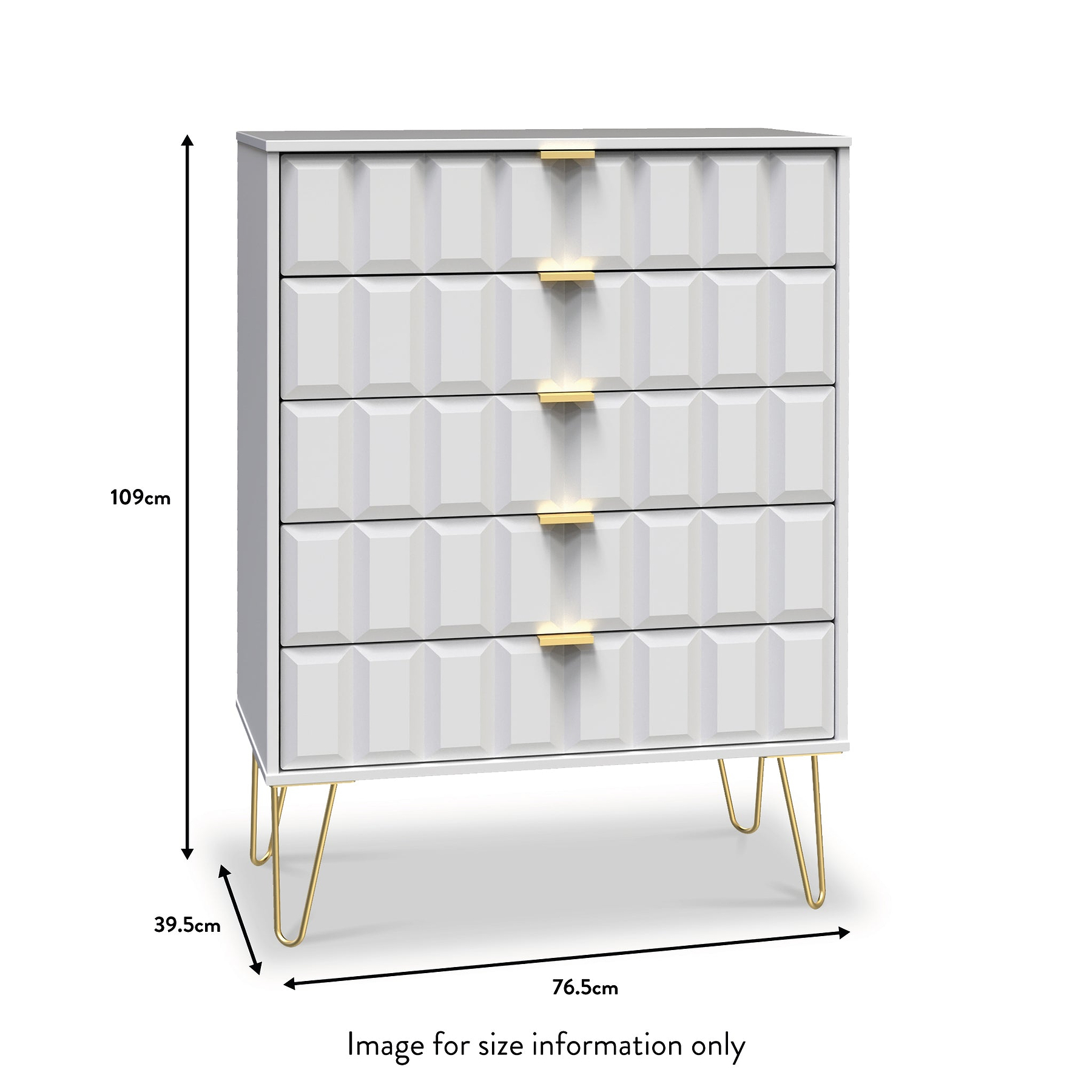Harlow White 5 Drawer Chest with Gold Hairpin Legs dimensions
