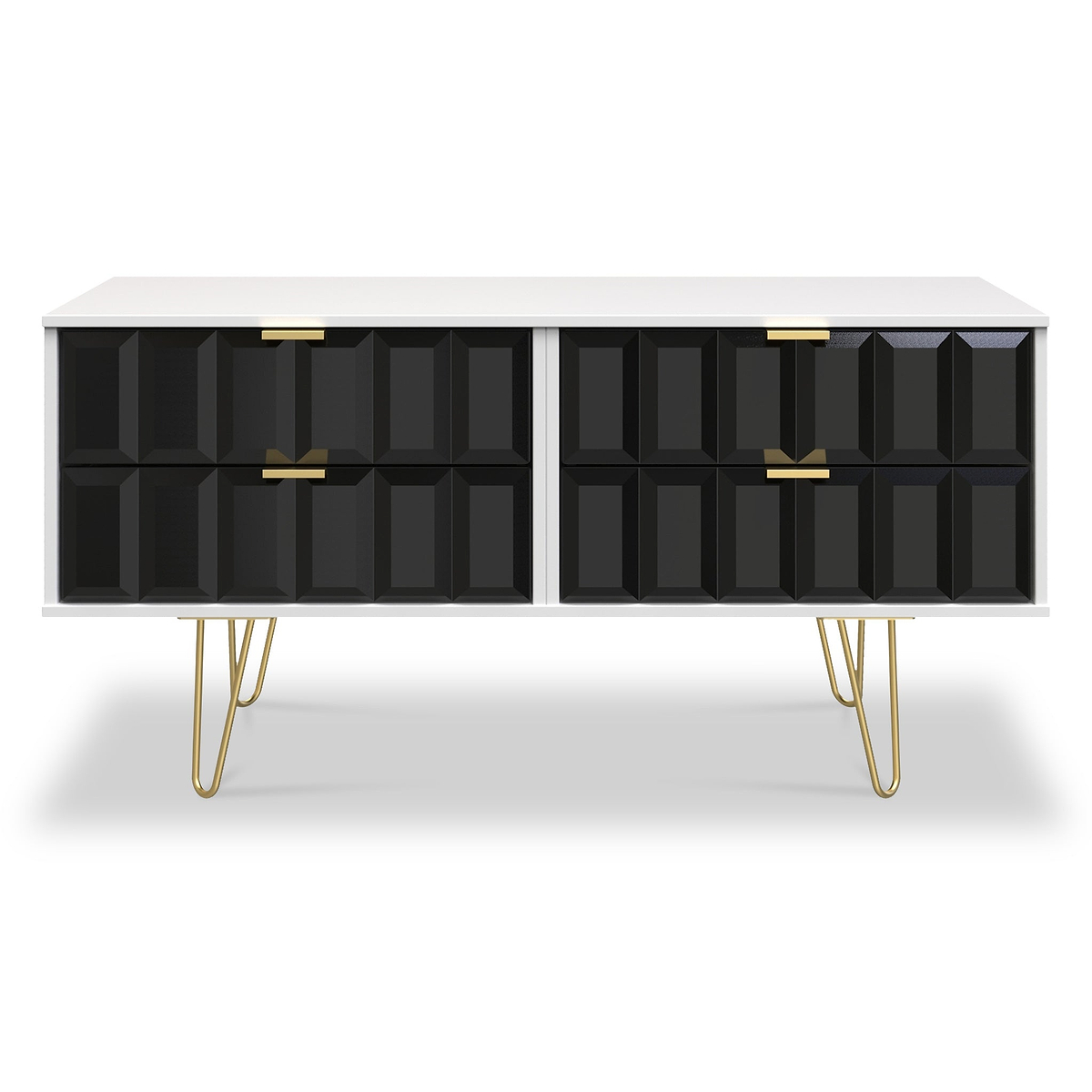 Harlow Black & White 4 Drawer Low TV Unit with Gold Hairpin Legs 