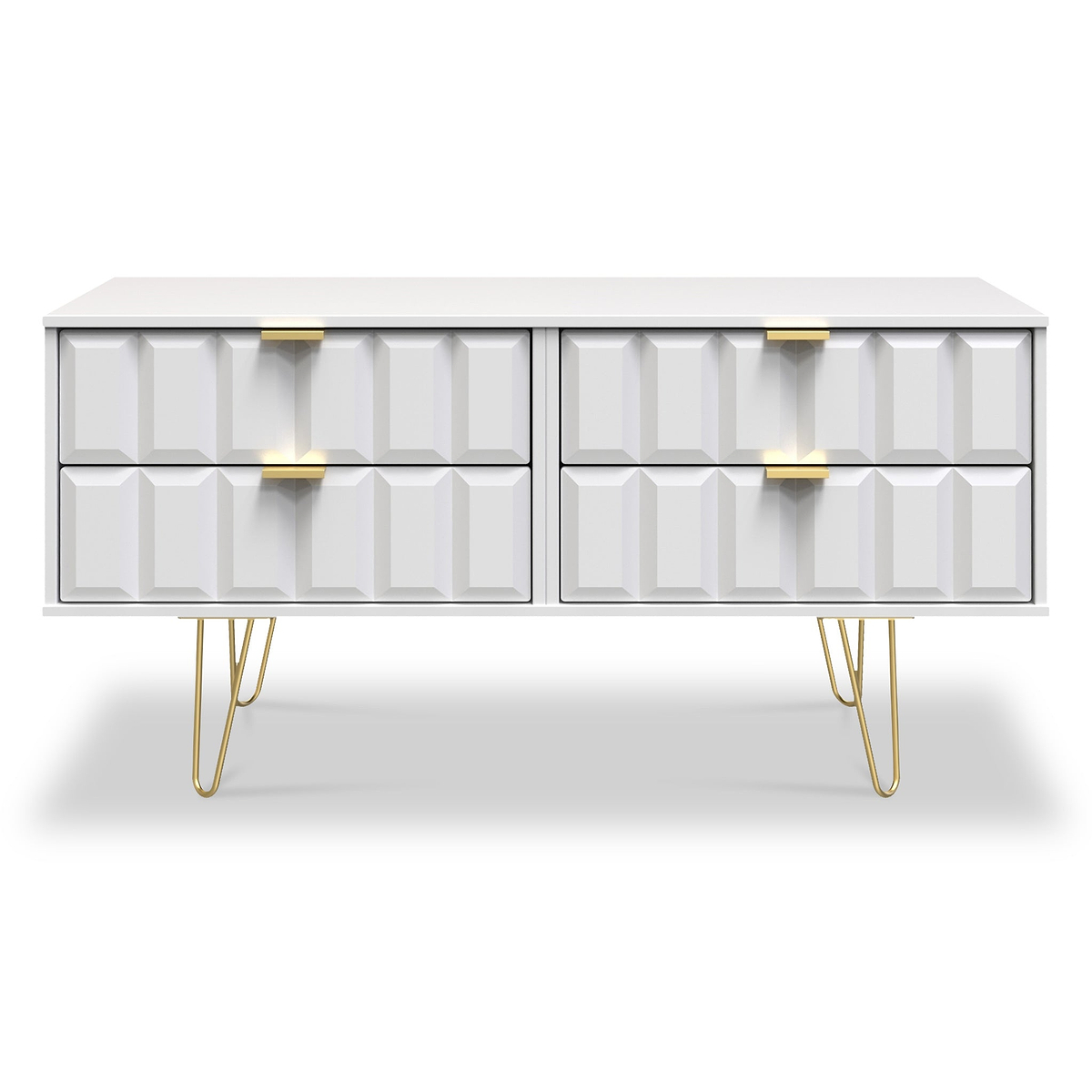Harlow White 4 Drawer Low TV Unit with Gold Hairpin Legs 