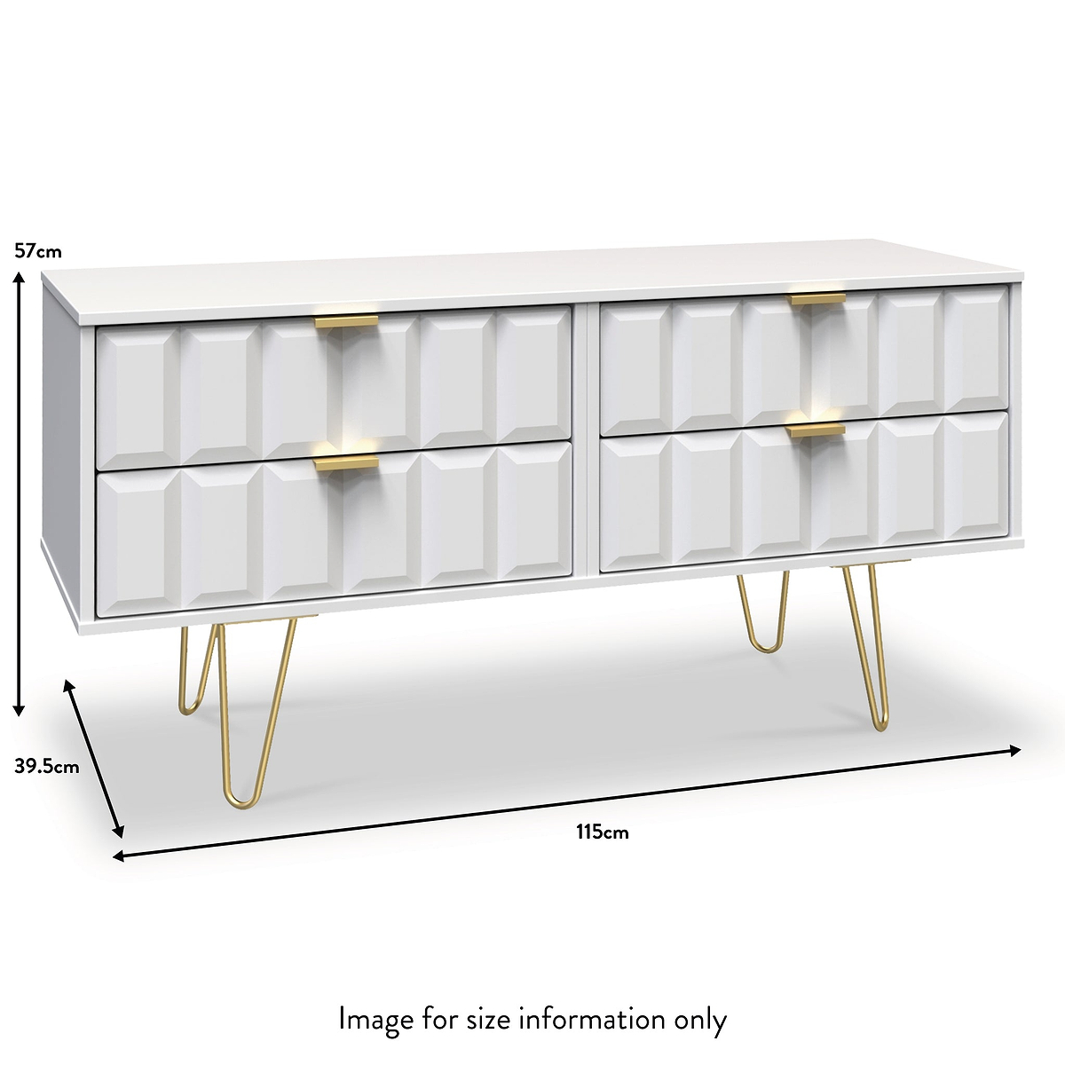 A modern white sideboard with hairpin gold legs featuring geometric-patterned facade, six drawers with brass handles. Measures 57cm high, 115cm wide, and 39.5cm deep. Text: "Image for size information only."