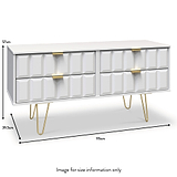 A modern white sideboard with hairpin gold legs featuring geometric-patterned facade, six drawers with brass handles. Measures 57cm high, 115cm wide, and 39.5cm deep. Text: "Image for size information only."