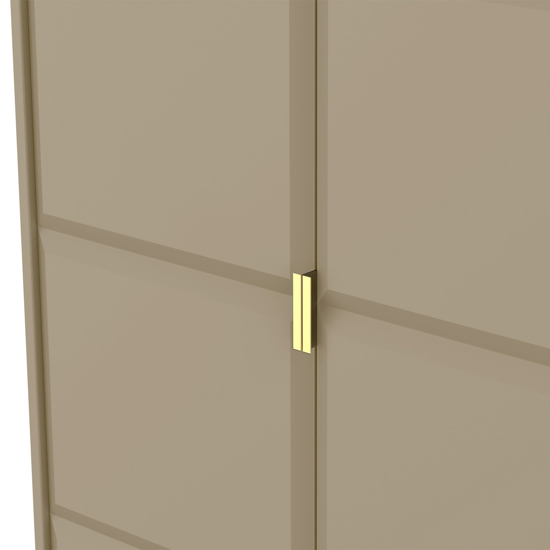 A beige double door with a golden handle on the right side, partially ajar, offering a glimpse of a similar colored wall behind it.