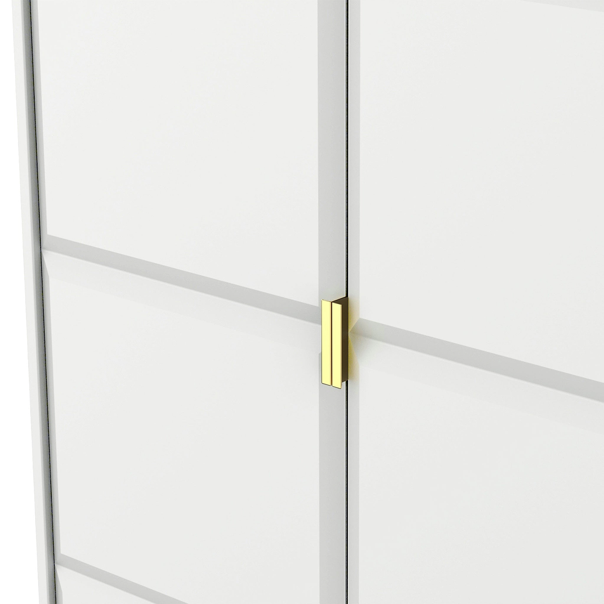 A golden-colored door handle on a white door, slightly ajar, with a gray horizontal stripe, set against a plain background.