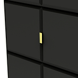 Black drawers with a minimalist design and a single golden handle, against a light background.