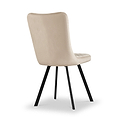 A beige upholstered dining chair with a curved backrest and four black angled legs, positioned against a white background.