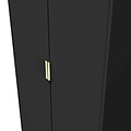 A sleek black wardrobe with a simple gold handle is partially open, revealing darkness within, against a black background.