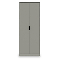 A grey two-door wardrobe stands closed against a plain backdrop, featuring a simple black handle on one door.