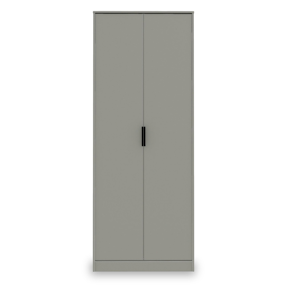 A grey two-door wardrobe stands closed against a plain backdrop, featuring a simple black handle on one door.