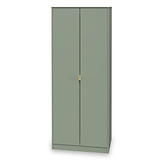 A green wardrobe with closed doors and a brass handle stands isolated against a white background.