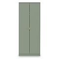 A green wardrobe with two doors and a brass handle is standing against a plain background.
