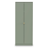 A green wardrobe with two doors and a brass handle is standing against a plain background.