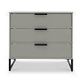 A grey three-drawer dresser with black horizontal handles and angled metal legs against a white background.