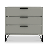 A grey three-drawer dresser with black horizontal handles and angled metal legs against a white background.