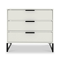 A modern, white three-drawer dresser with black handles, standing on four angled metal legs against a plain background.