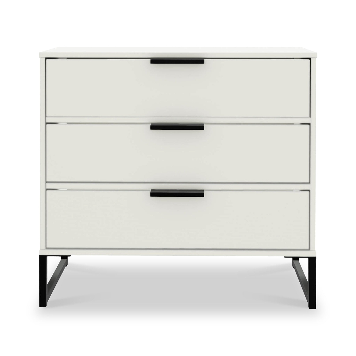 A modern, white three-drawer dresser with black handles, standing on four angled metal legs against a plain background.