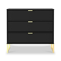 A black three-drawer dresser with gold handles and legs, isolated on a white background.