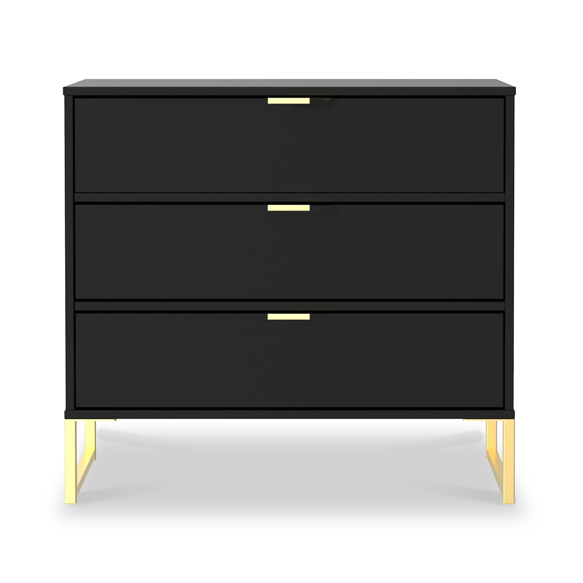 A black three-drawer dresser with gold handles and legs, isolated on a white background.