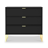 A black three-drawer dresser with gold handles and legs, isolated on a white background.