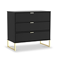A modern black chest of drawers with a simple design, featuring gold handles and leg supports, standing against an isolated background.