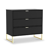 A modern black chest of drawers with a simple design, featuring gold handles and leg supports, standing against an isolated background.