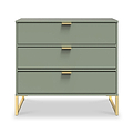 A sage green dresser with three drawers and gold handles, standing on angled gold legs, isolated against a white background.