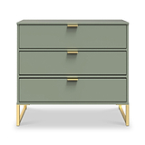 A sage green dresser with three drawers and gold handles, standing on angled gold legs, isolated against a white background.