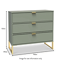 A green chest of drawers with brass handles stands against a plain background, dimensions labeled: height 72.5cm, width 76.5cm, depth 39.5cm. Text: "Image for size information only."
