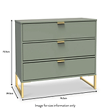 A green chest of drawers with brass handles stands against a plain background, dimensions labeled: height 72.5cm, width 76.5cm, depth 39.5cm. Text: "Image for size information only."