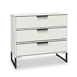 A modern, white three-drawer dresser with slim, black handles and legs, isolated against a plain background.