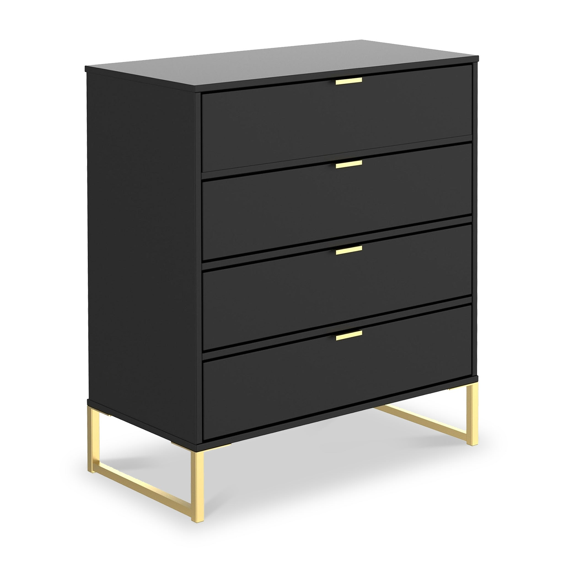 A black four-drawer dresser with gold handles stands against a white background, elevated on a minimalist gold metal frame.
