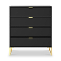 A black, four-drawer dresser with gold handles stands against a white background, supported by angled, light wood legs.