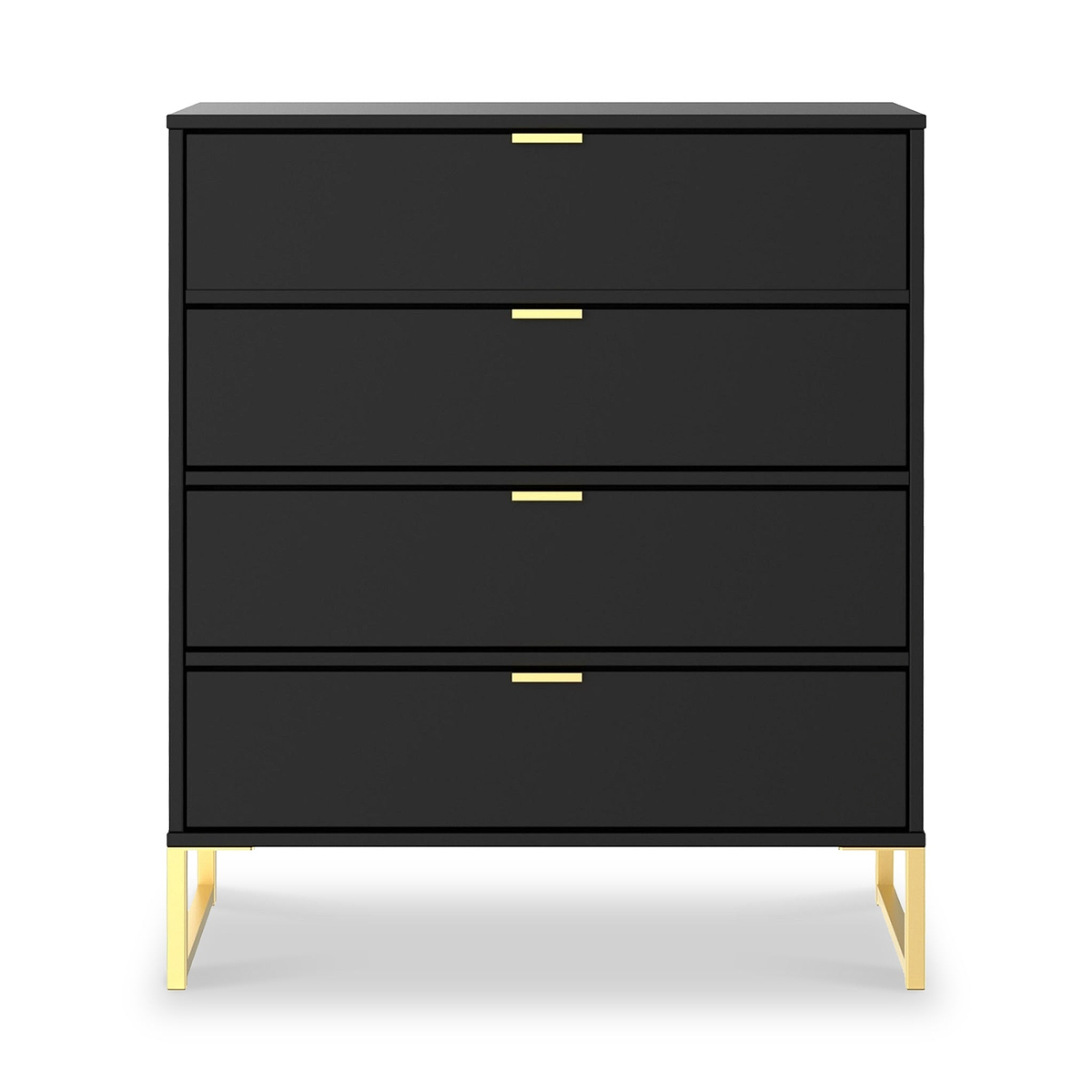 A black, four-drawer dresser with gold handles stands against a white background, supported by angled, light wood legs.