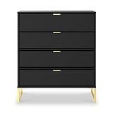 A black, four-drawer dresser with gold handles stands against a white background, supported by angled, light wood legs.