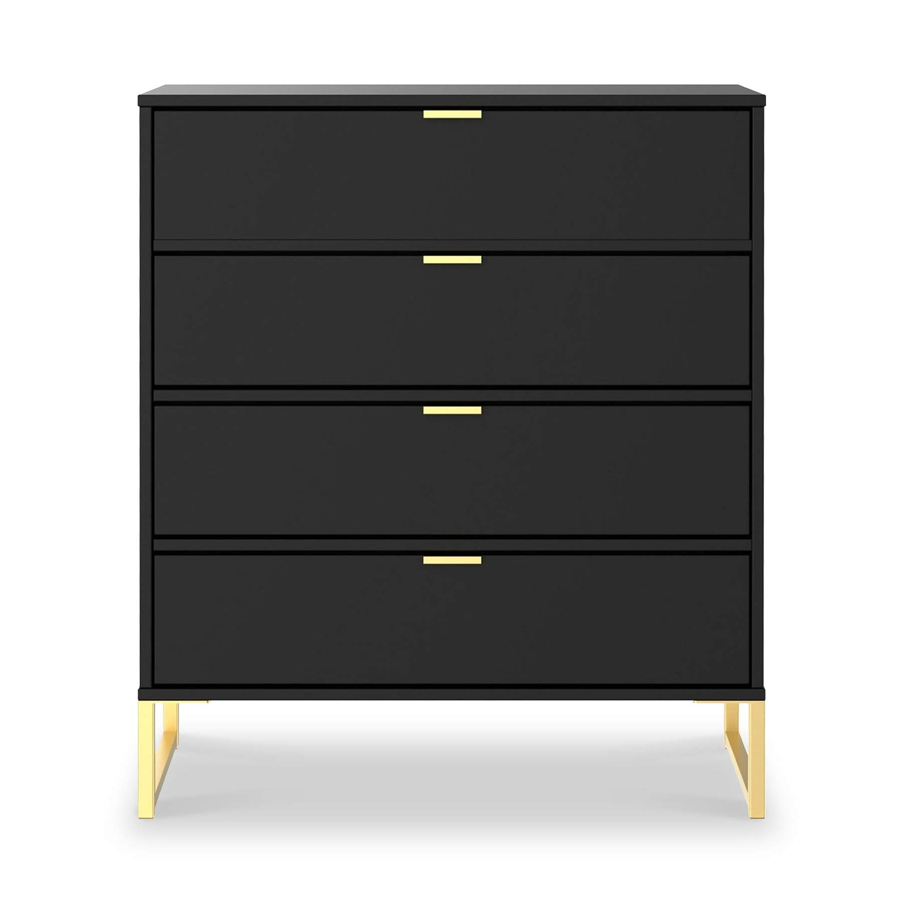 A black, four-drawer dresser with gold handles stands against a white background, supported by angled, light wood legs.