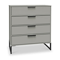 A gray four-drawer dresser with black handles stands against a white background. It features a minimalist design and sits on angular metal legs.