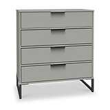 A gray four-drawer dresser with black handles stands against a white background. It features a minimalist design and sits on angular metal legs.