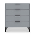 A gray four-drawer dresser with black handles stands isolated against a white background. The dresser has a simple, modern design with slender legs.