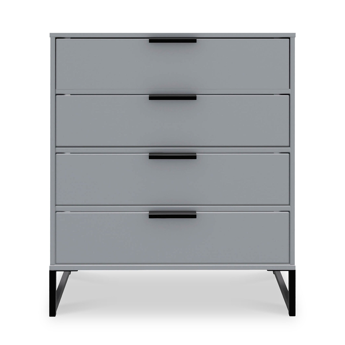 A gray four-drawer dresser with black handles stands isolated against a white background. The dresser has a simple, modern design with slender legs.