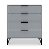 A gray four-drawer dresser with black handles stands isolated against a white background. The dresser has a simple, modern design with slender legs.