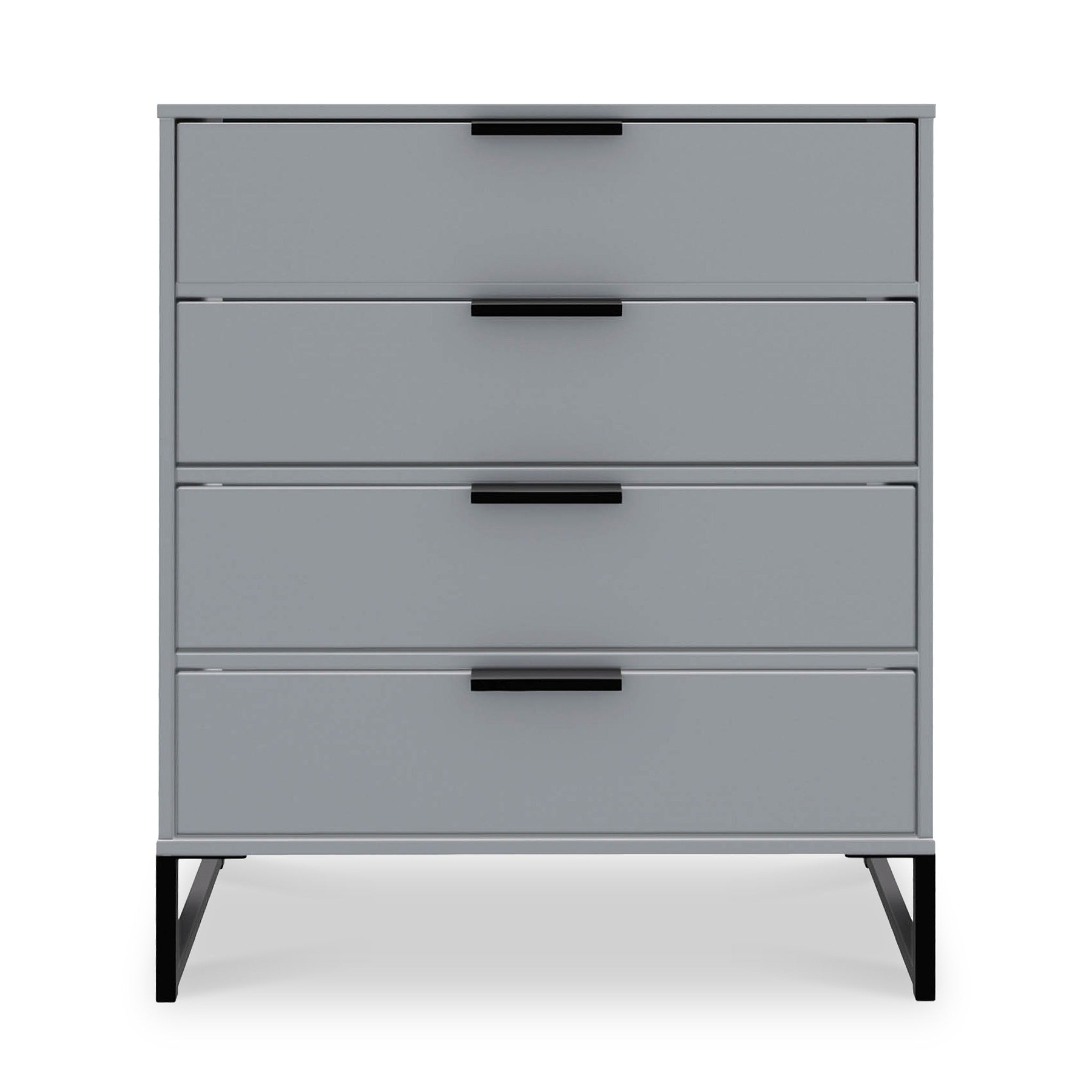 A gray four-drawer dresser with black handles stands isolated against a white background. The dresser has a simple, modern design with slender legs.