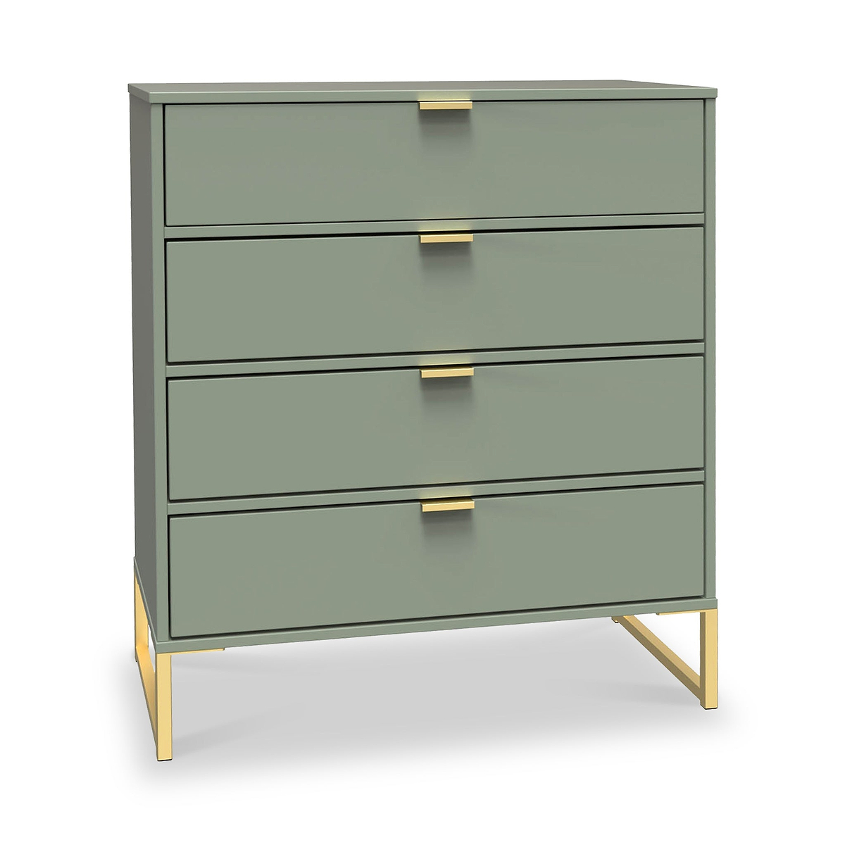 A green four-drawer dresser with gold handles and legs against a white background. The dresser is stationary with no visible action or context beyond its presentation.